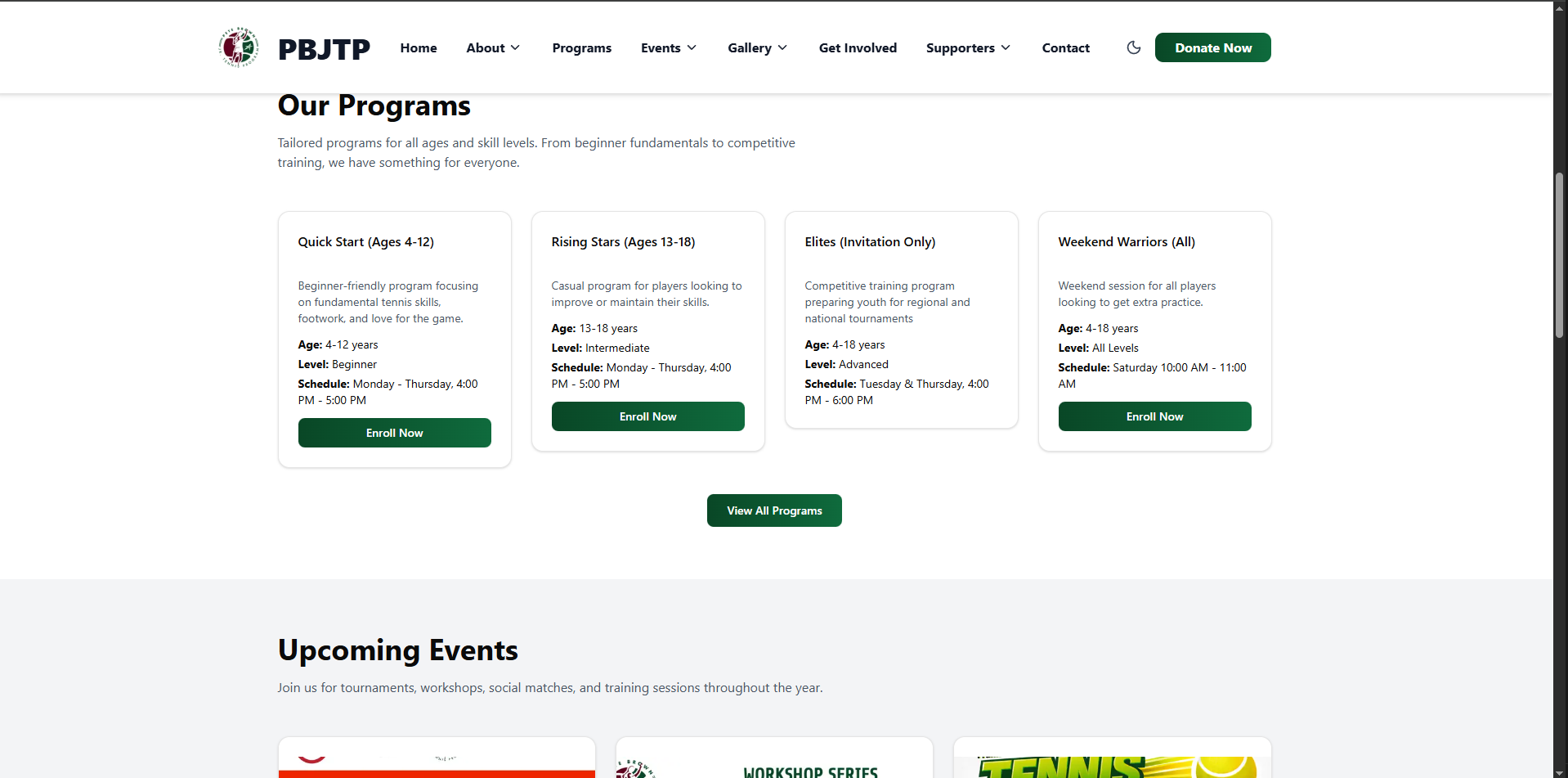 Pete Brown Jr. Tennis Program Website Preview